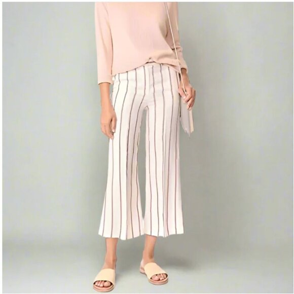 Theory Wide-leg Linen Pants Womens 10 White Striped Cropped Lightweight Nadeema - Picture 1 of 6